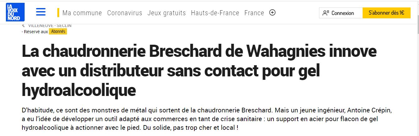 article de la voix du nord sur distributeur de gel hydroalcoolique